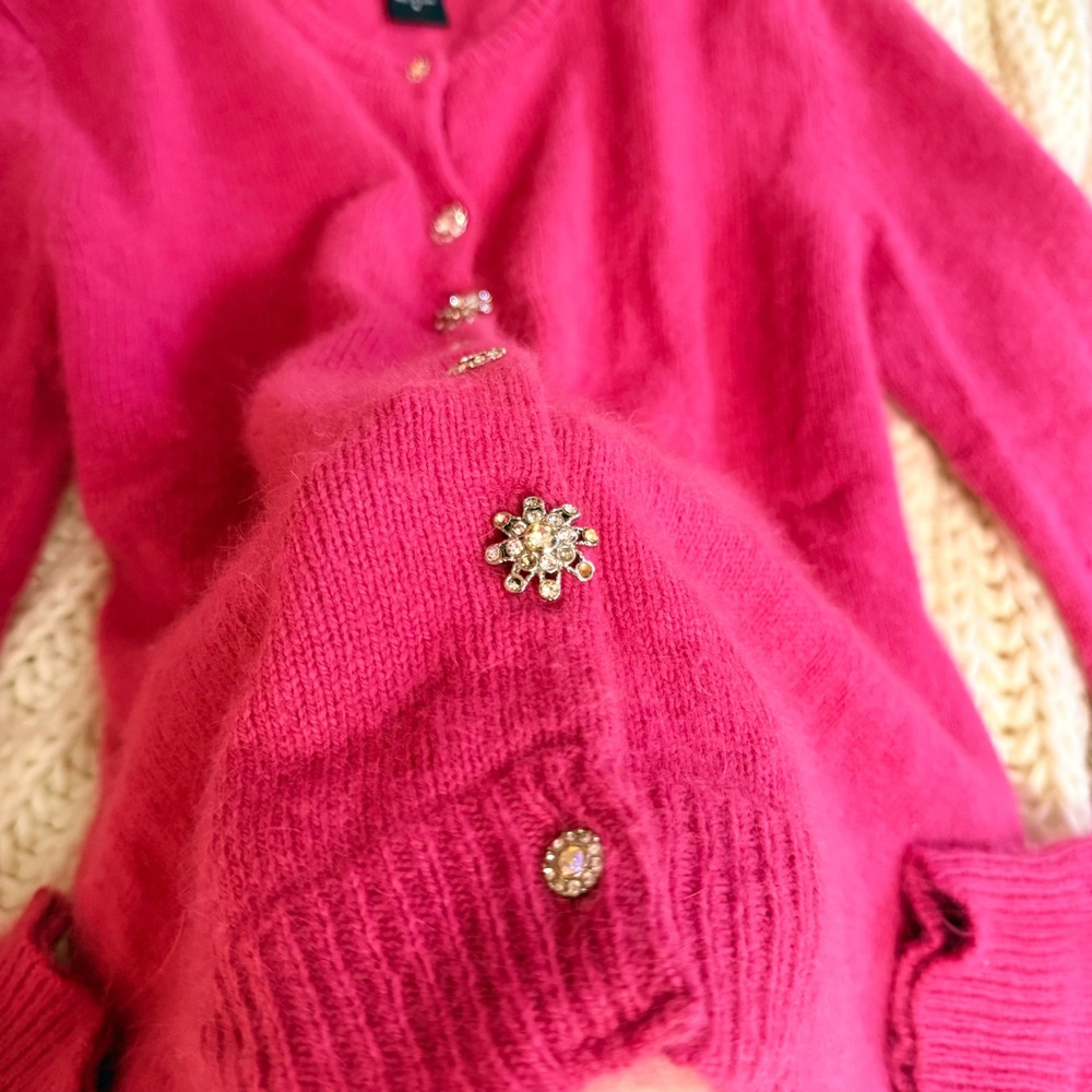 Langenis Hot Pink Angora Blend Cardigan Rhinestone Button Sweater Fuchsia Small - Picture 4 of 5